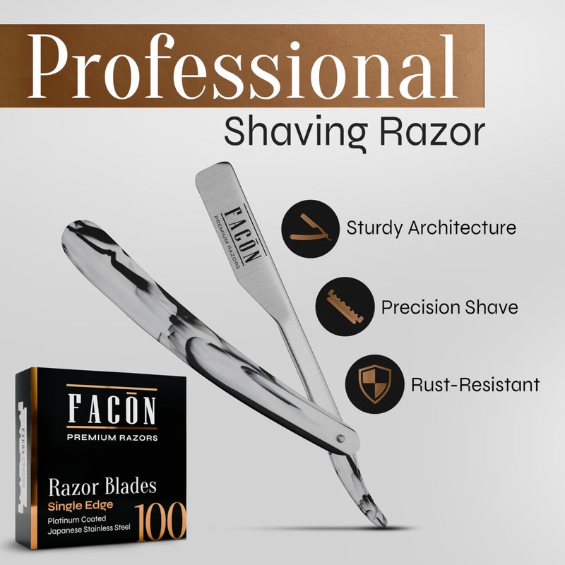 FACON FacÃ³n Straight Razors for Men - Professional Barber Straight Edge Razor Kit with 100 Blades, Classic Stainless Steel Barbero Shaver for a Smooth & Precise Shave, Premium Barber Razor for Men's Shaving - Image 2